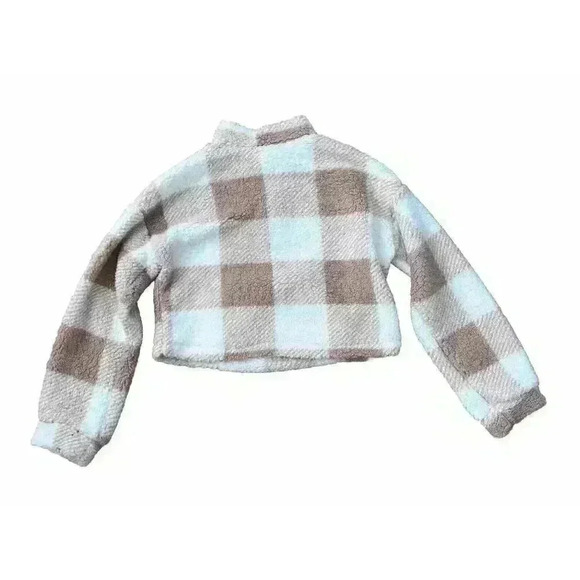 Kangaroo Pocket Buffalo Plaid Teddy Pullover Size Large Cropped Neutral - Picture 5 of 5